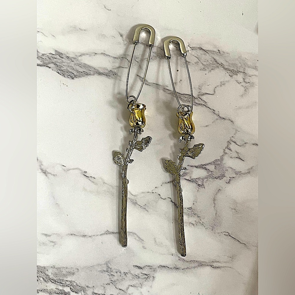 Yellow Rose Safety Pin Earrings, Shamaran earrings, Sterling Silver Plated